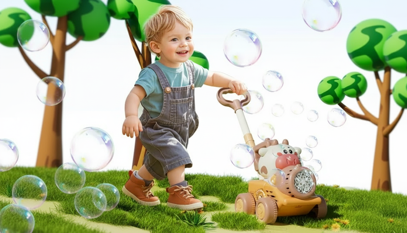 Light-Up Cartoon Bubble Blower with Pull Trolley for Kids